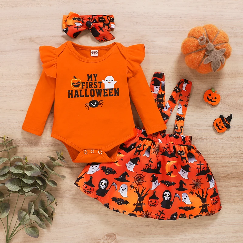 

3pcs Set Baby Kids Girl Clothes Halloween Outfit Newborn Infant Fall Romper Pumpkin Print Suspender Skirt Headband Suits