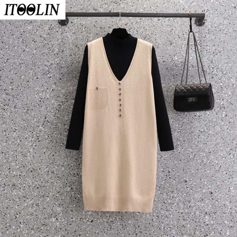 

ITOOLIN 2 Piece sets Female Outfits Women Winter Knit Vest Sets Dresses Woman Knit Vest With Long Sleeve Dress Loose Casual