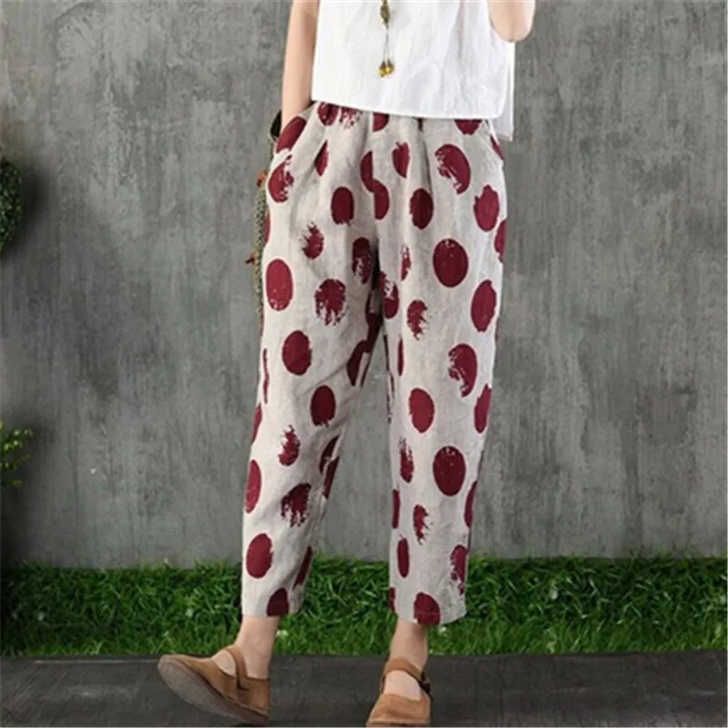 Женские винтажные штаны шаровары в горошек с цветочным принтом повседневные