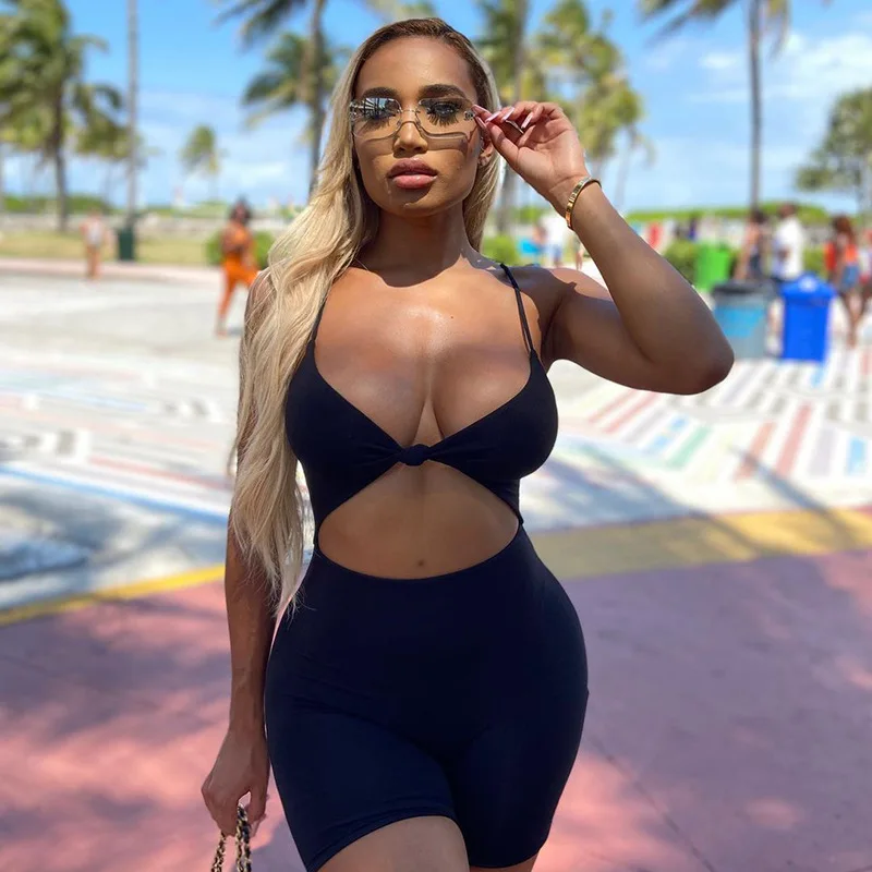 

2021 fashion women's 2021 summer new solid color hollow sexy hip shorts jumpsuit