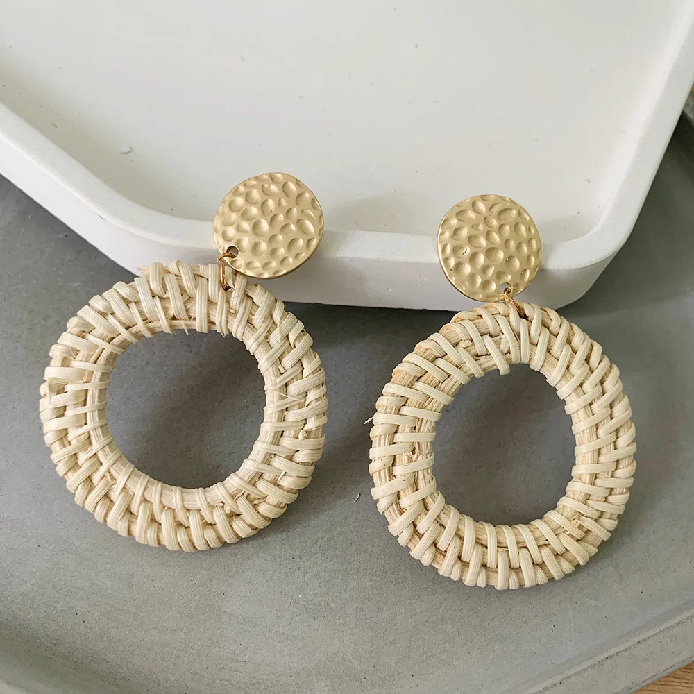 Metal circle 1 Bohemia Wicker Rattan Knit Earrings Ethnic Wood Bamboo Weaving Geometric Circle Statement Drop Earrings for Women Jewelry - Окраска металла: Metal circle 1