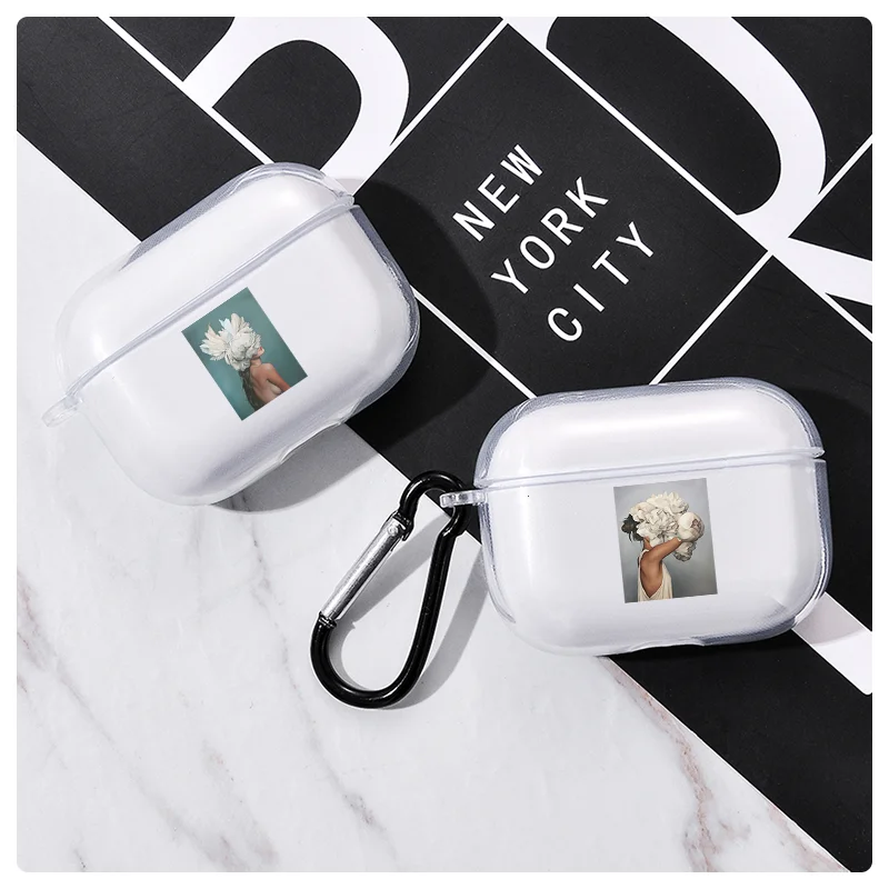 Мягкий чехол для наушников с цветами Apple airpods 3 милым рисунком девушек Прозрачный