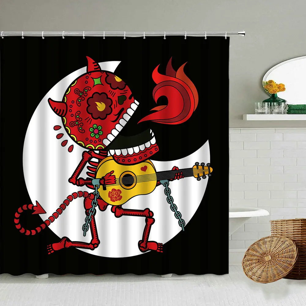 

Love Couple Skull Shower Curtain Music Pumpkin Colorful Design Halloween Creative Theme Bathroom Waterproof Curtains Home Decor