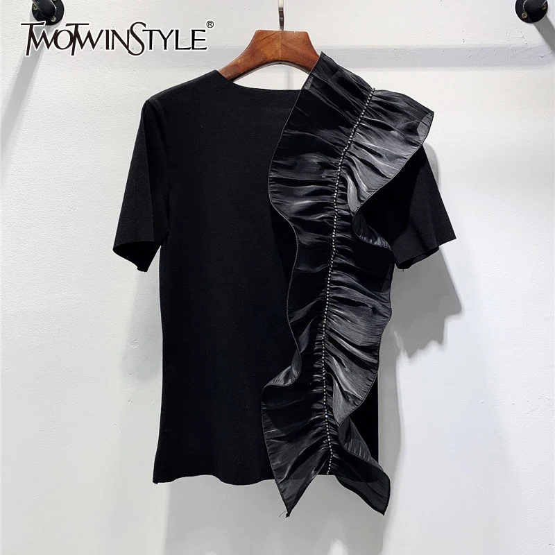 

TWOTWINSTYLE Casual Black Patchwork Diamonds T Shirt For Women O Neck Short Sleeve Korean Straight Ruffle T Shirts Female Summer