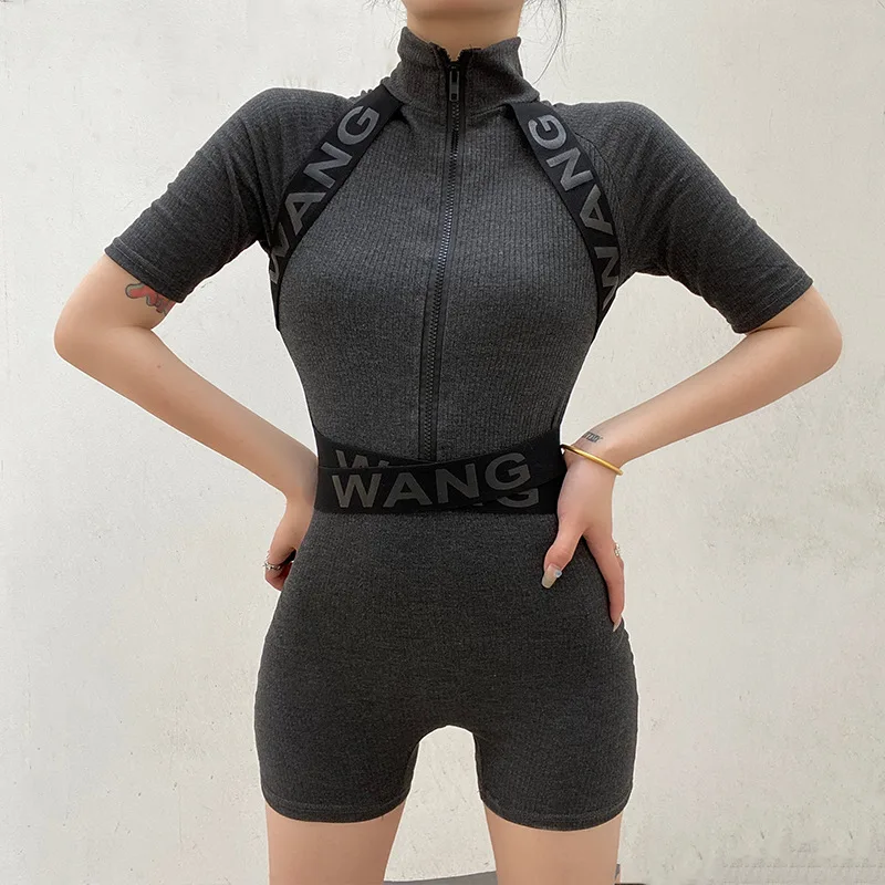

Casual Short Sleeve Stand-neck Front Zip Up Playsuit Rompers Jumpsuit Fashion Women High Waist Elastic Hooded Tights Jumpsuit