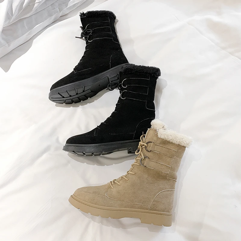 ERNESTNM/зимние сапоги; модная женская обувь из коровьей замши на плоской подошве с круглым носком; теплые меховые сапоги; зимние сапоги на платформе; Zapatos De Mujer