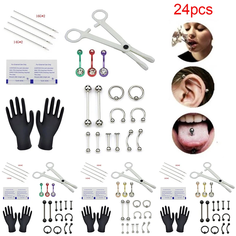 24pcs/Set Tongue Ring Nose Eyebrow Lips Septum Forceps Piercing Needles Body Jewelry Body Piercing Jewellery Kits