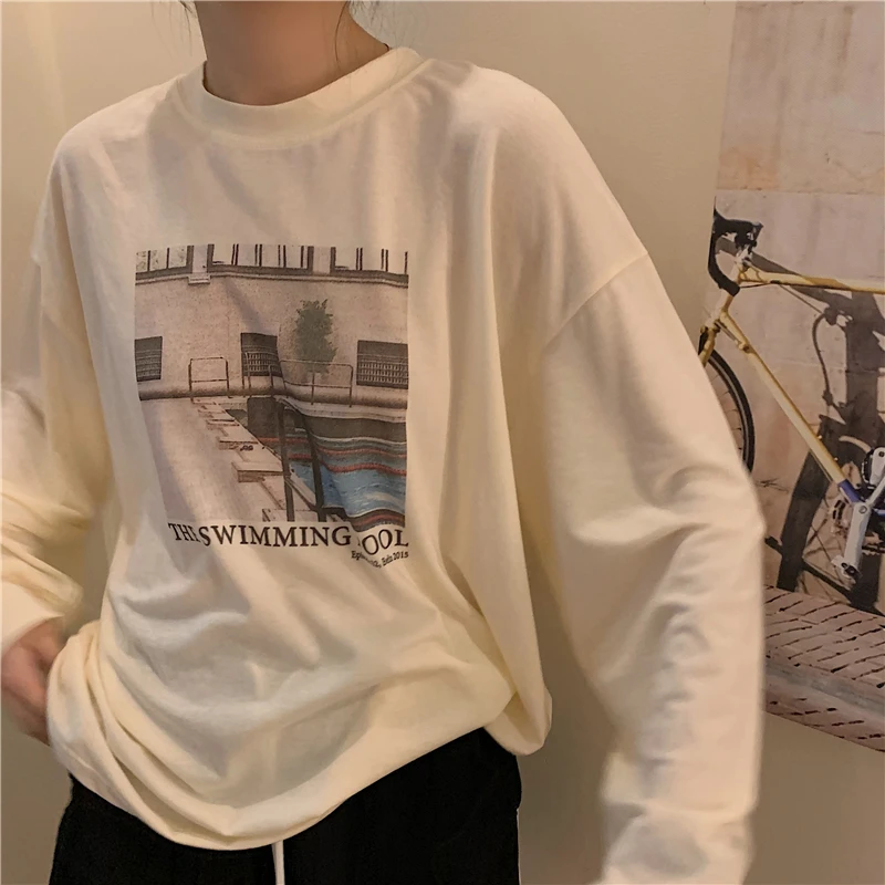 

Casual Long Sleeve T-Shirt Women's O-Neck Loose Lazy Style Pattern Print Pullovers Tshirt Mid-Length All-Match Top Streetwear