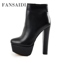 fansaidi winter pointed toe platform zipper high heels chunky heels clear heels ankle boots party shoes ladies boots 43 44 45