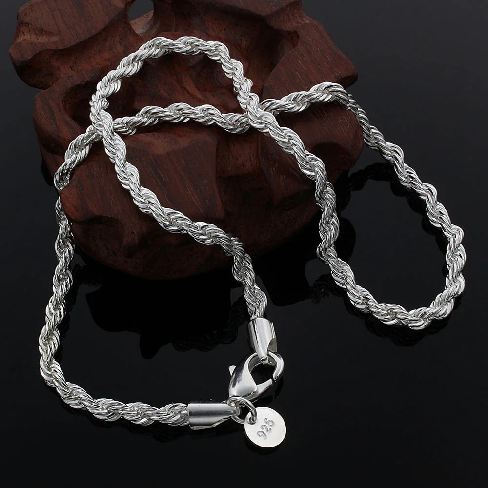 

925 Sterling Silver Necklace 4mm Silver Chain Twisted Rope And Chain Men And Women Jewelry Gift
