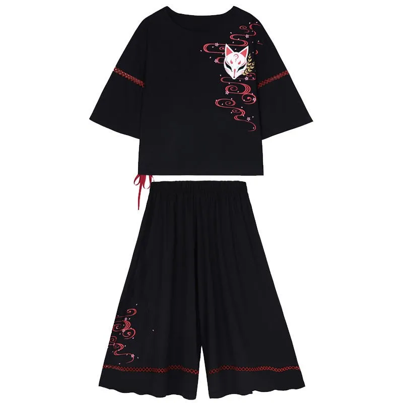 

Two Piece Sets Pullover tops & calf length Wide leg pants Japanese Anime embroidery Short Sleeve T-shirts sets Student Girl New