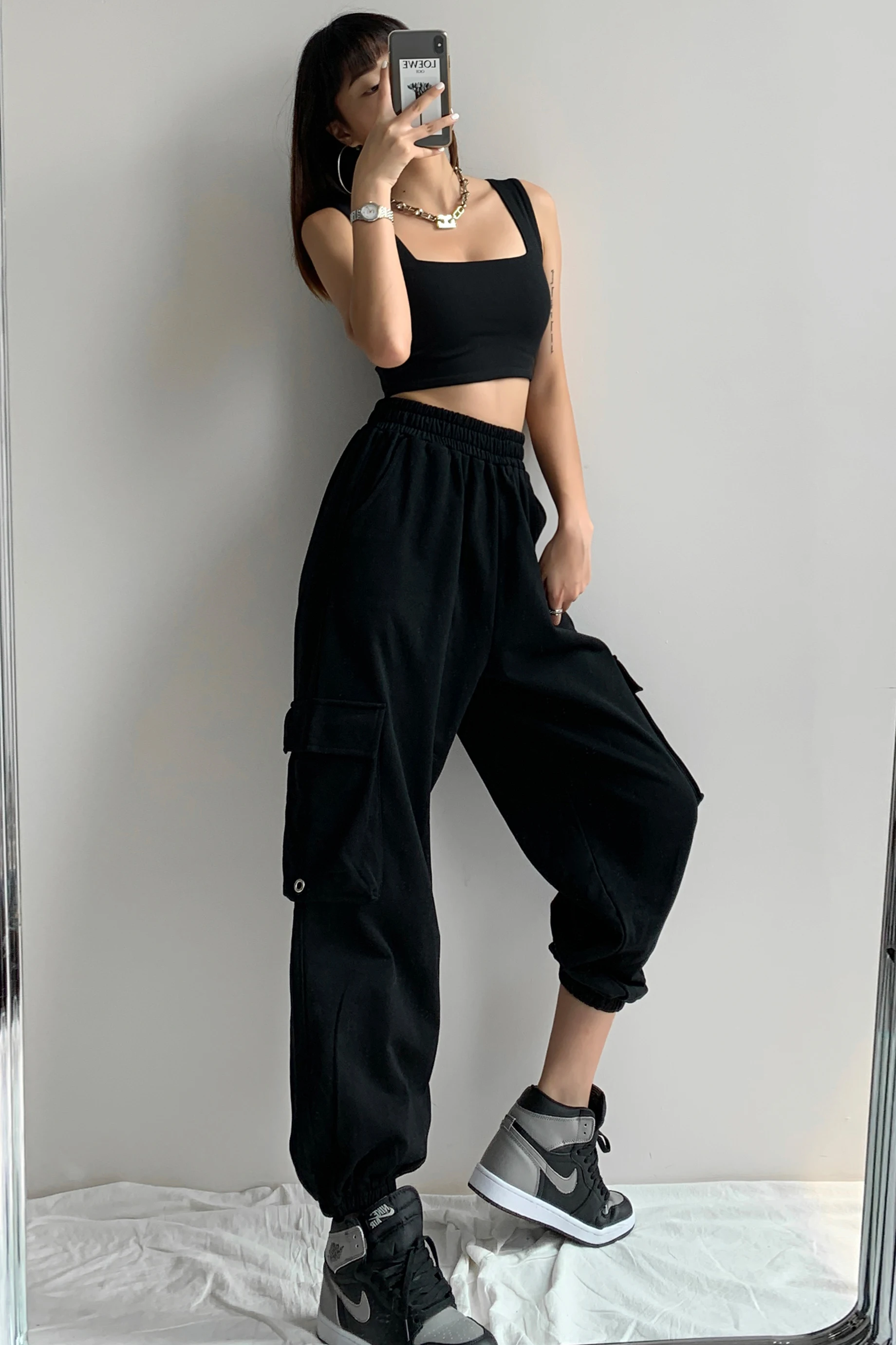 

Street handsome functional style pocket overalls women hip hop casual sports pants high waist slim Leggings