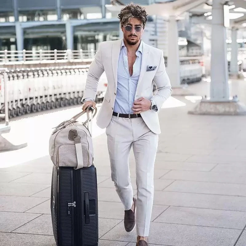 

Handsome Beige Mens Customized Wedding Tuxedos Slim Fit Two Button Jacket Business Party Prom Blazer 2 Piece Male Suit Formal