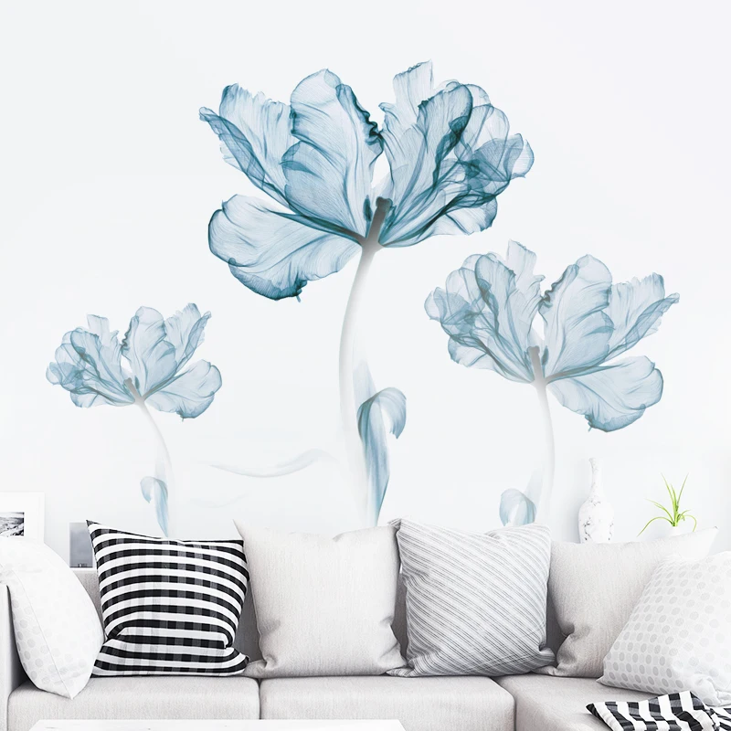 110*180cm Large Blue Flowers Wall Stickers for Living rooms Bedroom Sofa TV Background Plant Vinyl Decals Home Decoration | Дом и сад