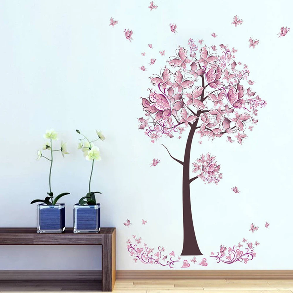 Съемные Розовые Настенные Стикеры бабочки цветы дерево настенные деликатные DIY