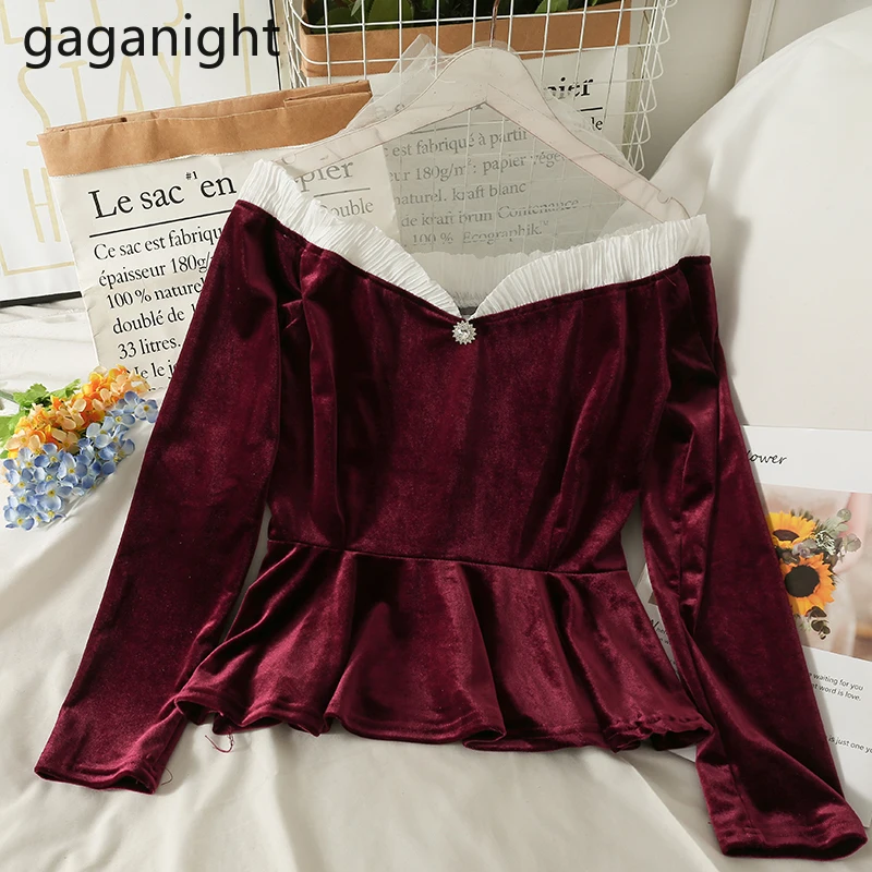 

Gaganight Женская сетчатая прошивка полувысокий воротник блузка с деревянными ушками 2021 Осенняя ретро золотая бархатная рубашка с длинными рук...