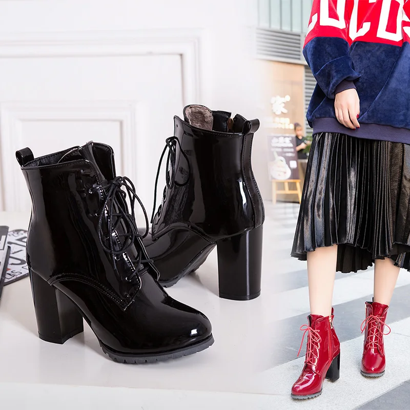 Большие размеры Женские Ботинки Martin Цвет Красный Лакированная кожа Шнуровка