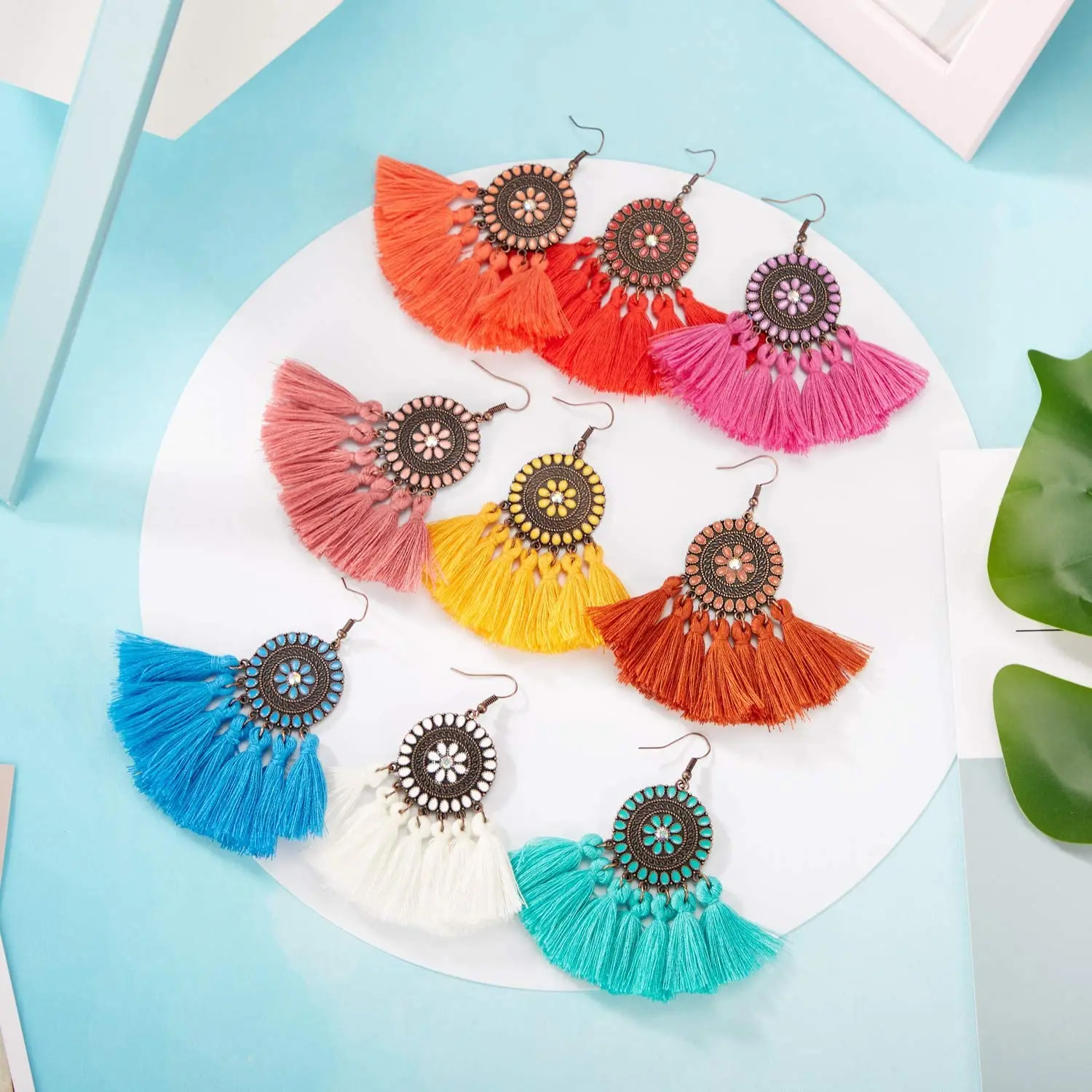 

9 Pairs Statement Tassel Earrings Hoop Tassel Earrings Bohemian Handmade Dangle Ear Drops for Women Girls Party Favor