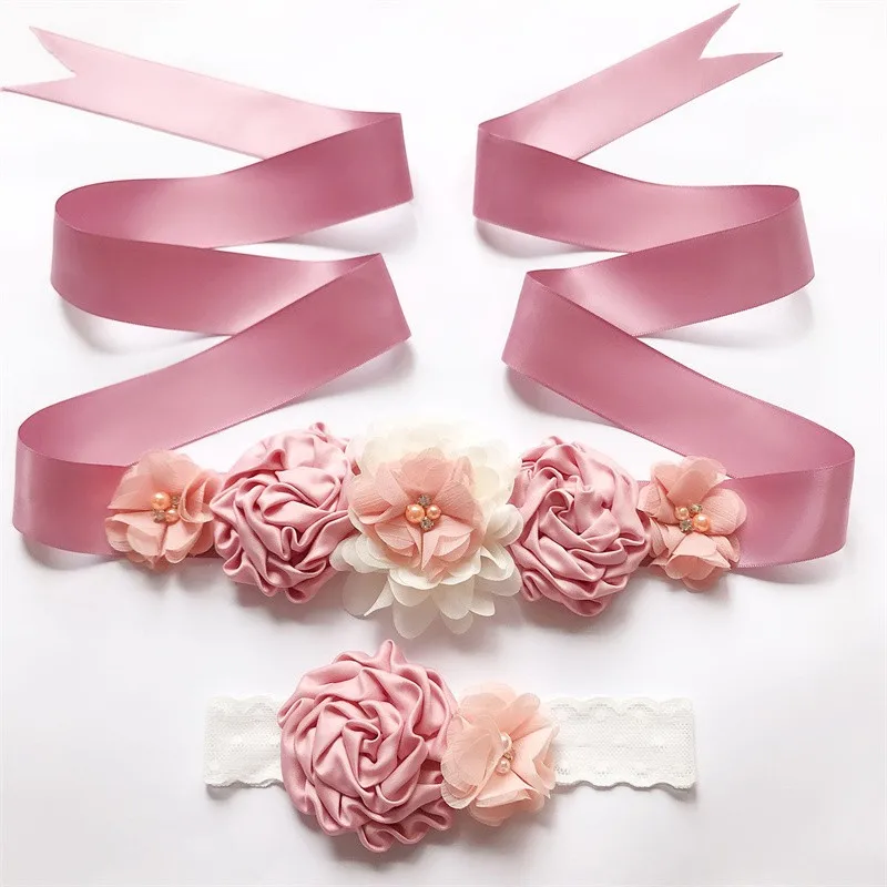 Cintur&oacute;n de encaje de flores para maternidad, banda de apoyo para fotos, cinta de perlas para el embarazo, 2 unids/set por Set-0