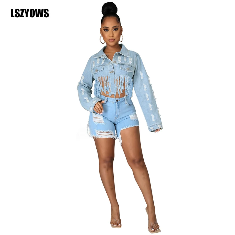 

Women Sexy Ripped Cropped Jeans Jackets 2021 Long Sleeve Buttons Tassels Denim Coat Streetwear Vintage Casual Short Denim Jacket