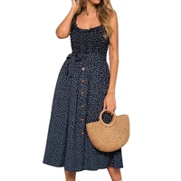 summer women polka dot print sexy sling dress with buttons ladies off shoulder bohemian holiday beach dress femme