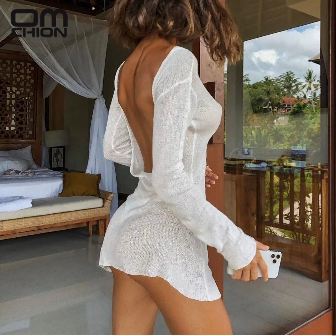 

OMCHION Vestidos 2022 Women Clothing Ice Sexy Backless Mini Beach Dress Casual Thin Knit Sweater Dresses Summer White Dress BN87