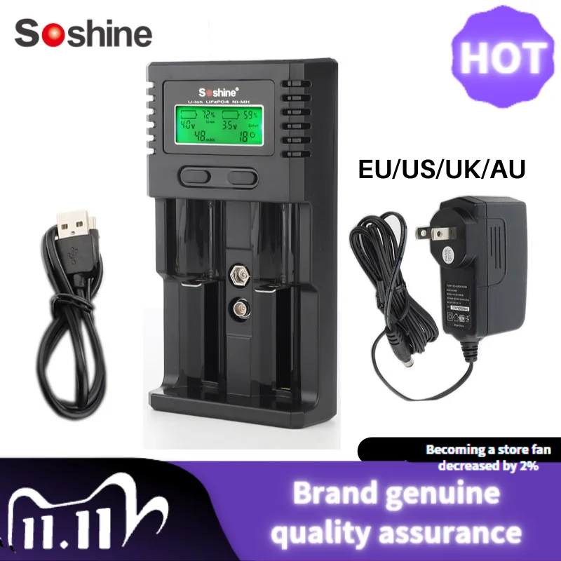 

Soshine LCD Universal 18650 Battery Charger for Li-ion 3.7V 26650 16340 LiIFePO4 3.2V NiMH Battery 1.2V C AA AAA 9V