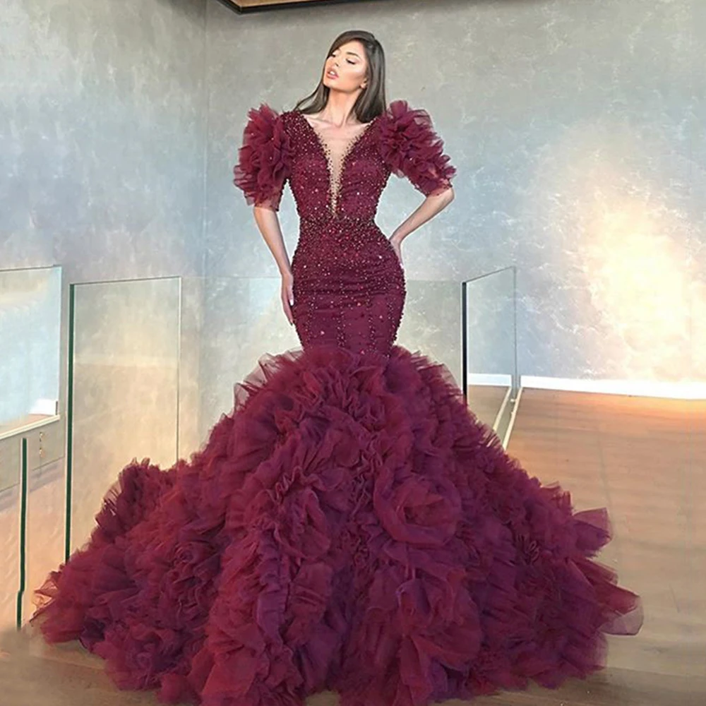 

Luxury Purple Tulle With Beading Mermaid Prom Dresses Celebrity Formal Party Gown For Woman V Neck Half Sleeves Robe De Soriee