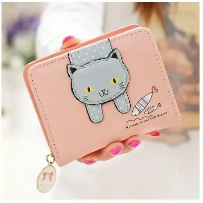 Pink Женский милый кошелек с кошкой, маленький кошелек на молнии для девушек, брендовый дизайнерский кошелек из искусственной кожи, Женский кошелек для монет, Женский держатель для карт, кошелек Billetera - Цвет: Pink