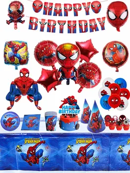 Suministros de cumpleaños para niños con temática de Spiderman, globos de papel de aluminio 3D, vajilla desechable, servilleta, taza, decoraciones para fiestas de cumpleaños