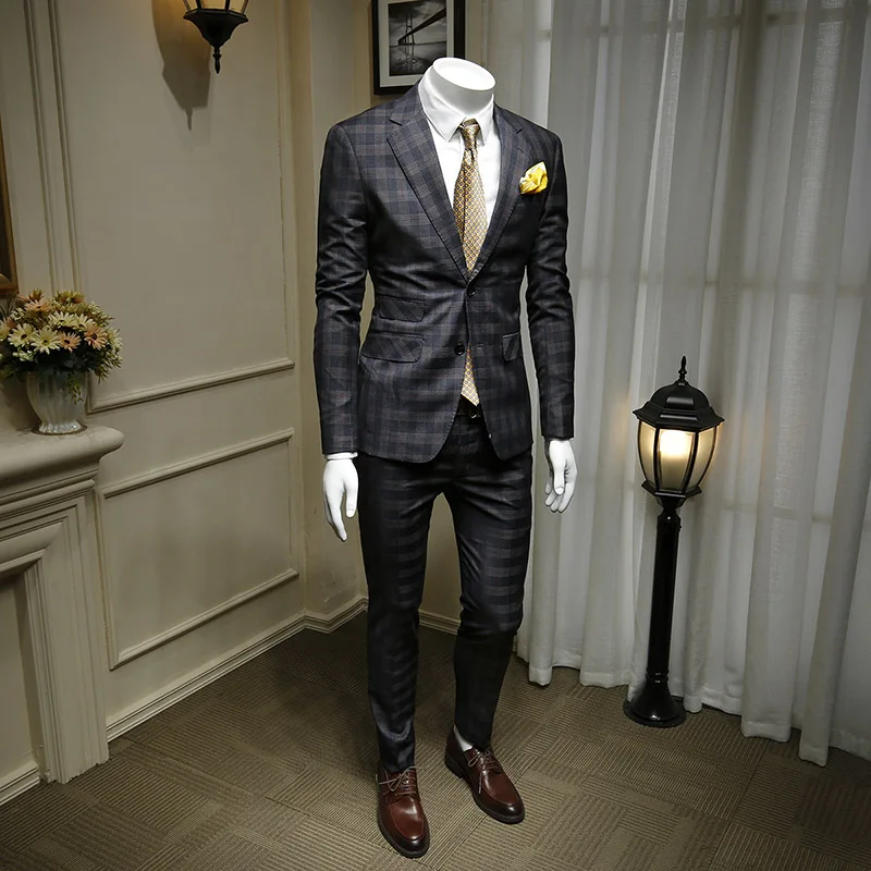 

XM GEEKI Men's Causal Suit Jackets Mans Wedding Dresses Two piece Blue Striped Suits British Fashion Suit Blazers 365tz64
