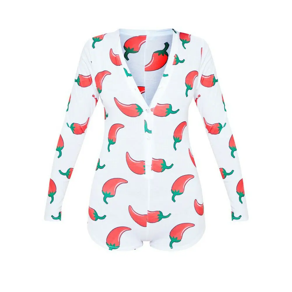 Hirigin милые женские с v-образным вырезом длинным рукавом Bodycon Повседневные Peachy пряный принт Кнопка пижамы комбинезон шорты трико