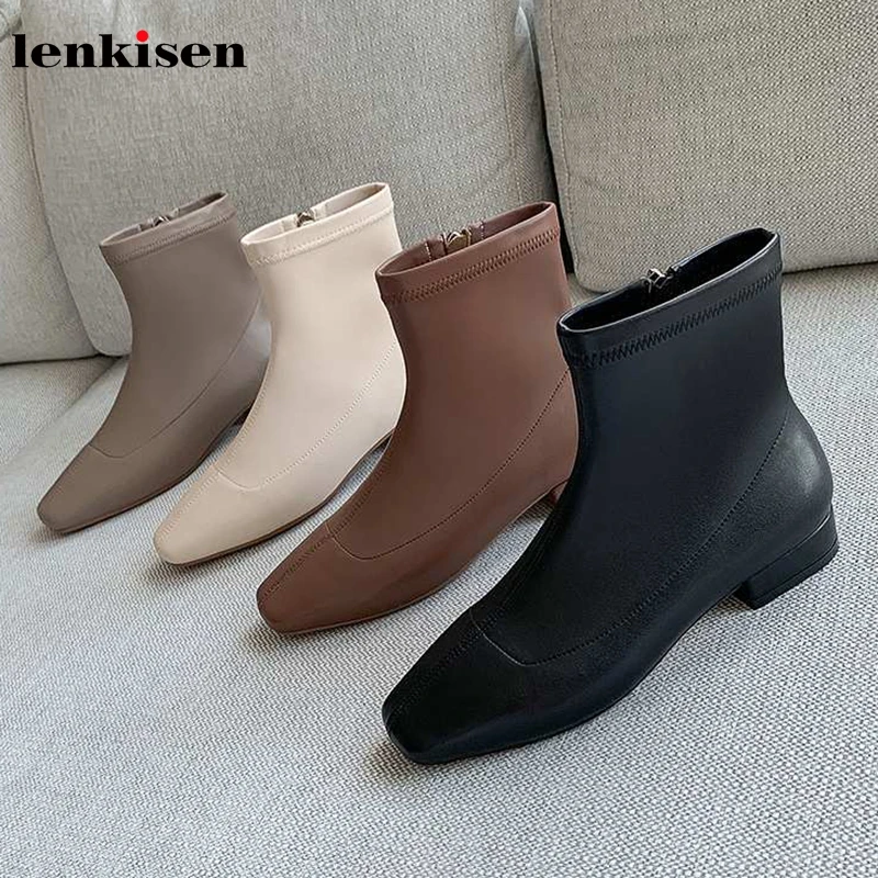 Koop Lenkisen Fashion Europese Stretch Lederen Vierkante Neus Lage Hakken Dagelijkse Slijtage Effen Rits Winter Warm Houden Vrouwen Enkellaarsjes L16