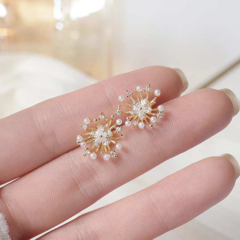 

YDL Cute Fireworks Pearl Earrings for Women Romantic Tiny Zirconia Stud Earring Gold Color Accessories Pendant Jewelry Gift
