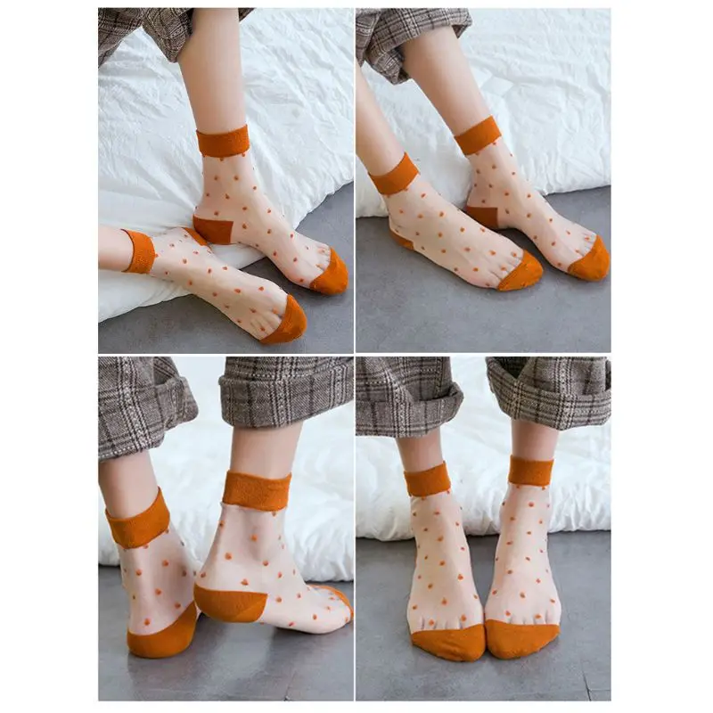 

Women Summer Transparent Glass Fiber Ankle Socks Cute Polka Dot Jacquard Ultra-Thin Cotton Mid Tube Hosiery