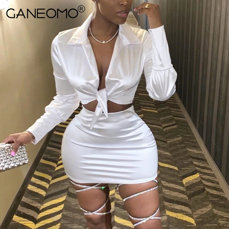 

Women Silky Satin 2 Two Piece Set Lace Up Long Sleeve Shirt Crop Top And Mini Skirt Autumn Winter Fashion Ladies Sexy Outfits