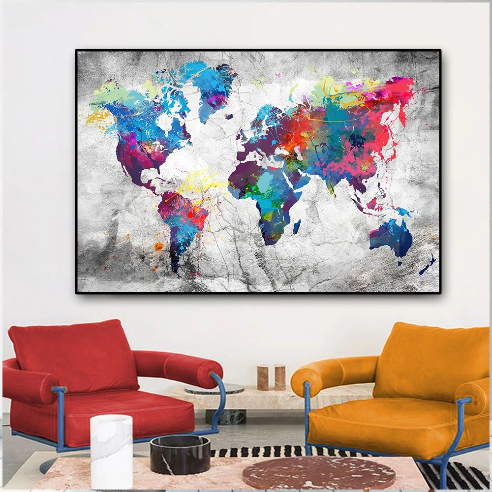 

Modern Home Decoration Printed Canvas Print Painting Colorful World Map Home Decoration Wall Art Canvas Pictures for Living Room