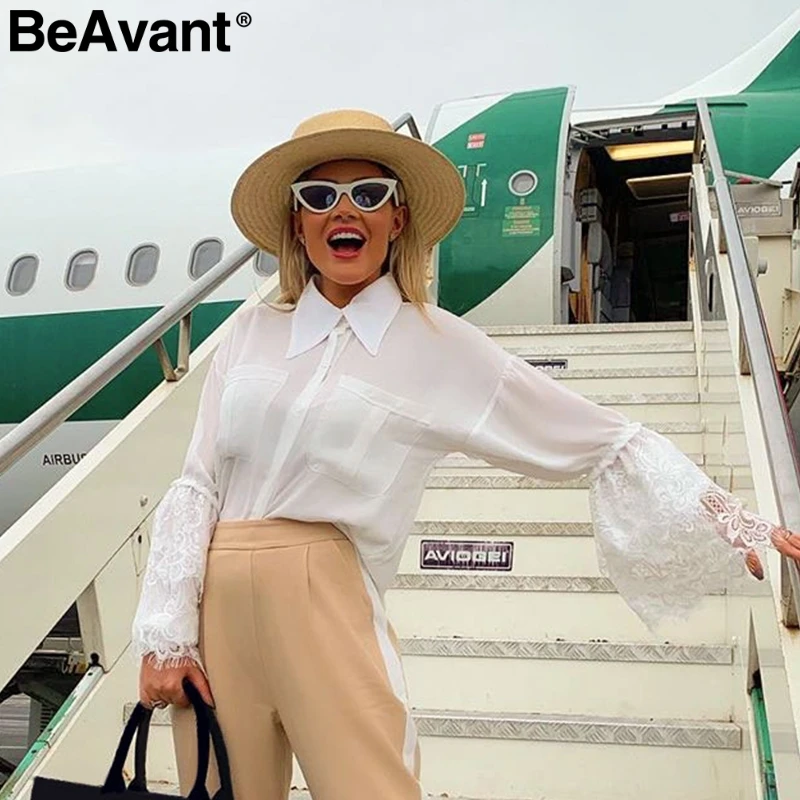 BeAvant винтажная кружевная шифоновая блуза рубашка Элегантная расклешенная рукав