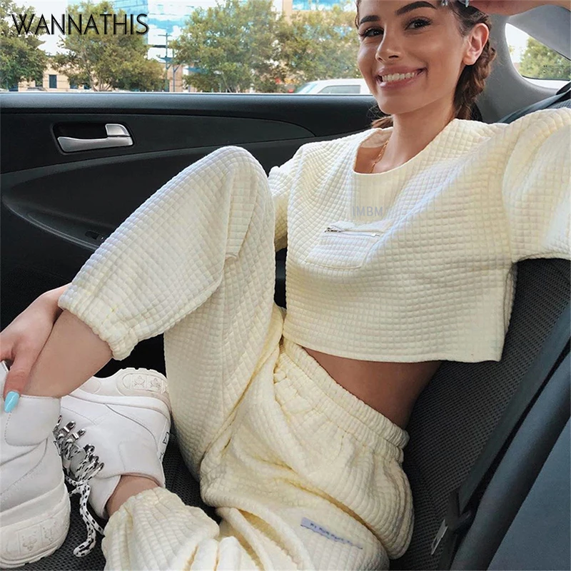 WannaThis Autumn 2 Pieces Sets Women Crop Top and Pant Leggings Loose Basic Beige Fashion Casual Slim Fit Soft Comfortable Set |