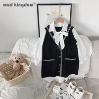 mudkingdom girl dress casual bow turn down collar long puff sleeve patchwork a line princess dresses for toddler pocket clothes