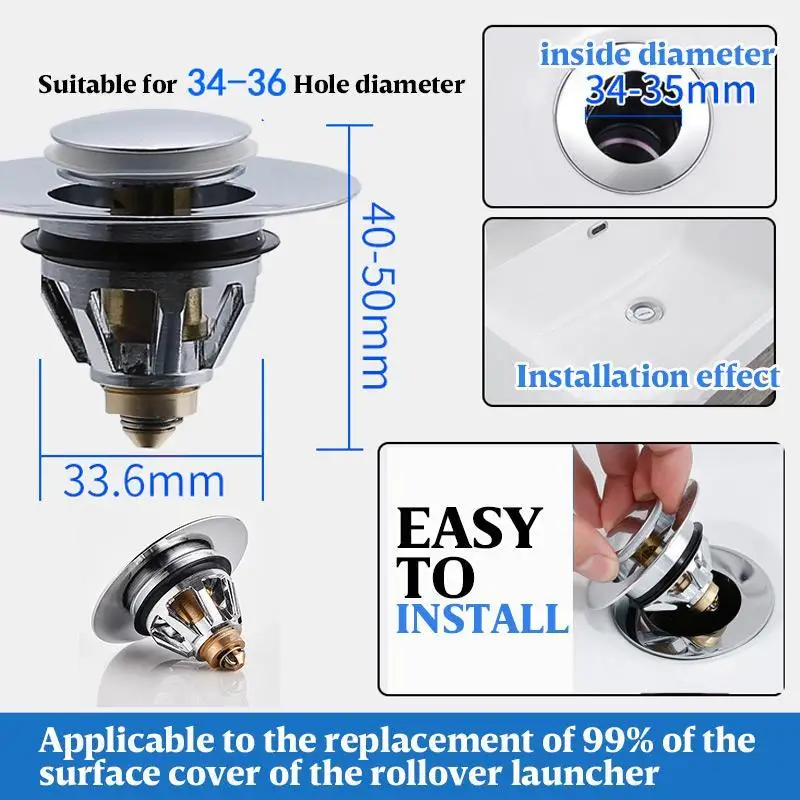 

Stainless Steel Bounce Core Push-type Drain Filter Universal Wash Basin Push-type Hair Catcher Sink Bathtub Plug Trap Stainless