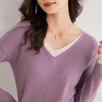 Double V-neck Winter Sweaters Woman 100% Cashmere and Wool Knitting Pullovers Female 6Colors Long sleeve Fashion Soft Jumpers 1