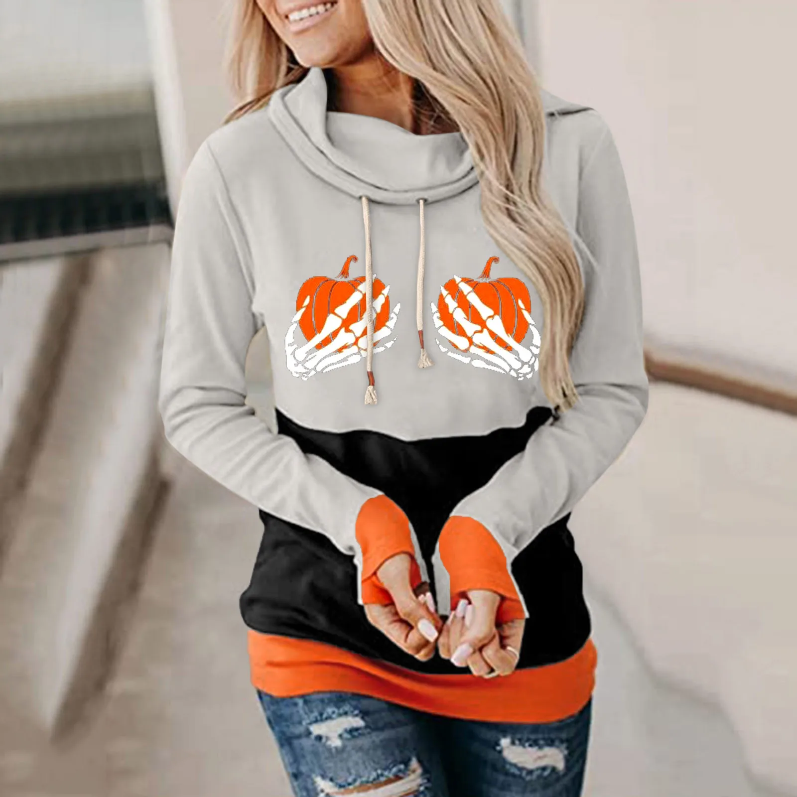 

Женская футболка на Хэллоуин со скелетом-тыквой принт Harajuku футболка Свитшот повседневные смешные футболки с длинным рукавом женская одежд...