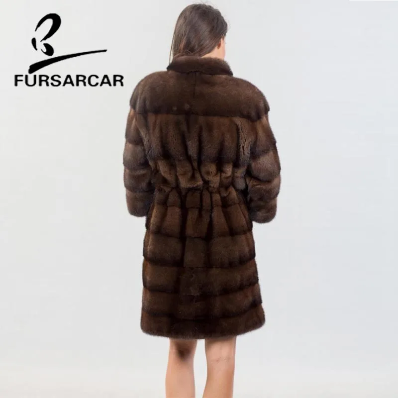FURSARCAR Высококачественная натуральная норка шуба для женщин 90 см длинная норка шуба с воротником-стойкой женская шуба из натурального меха норки
