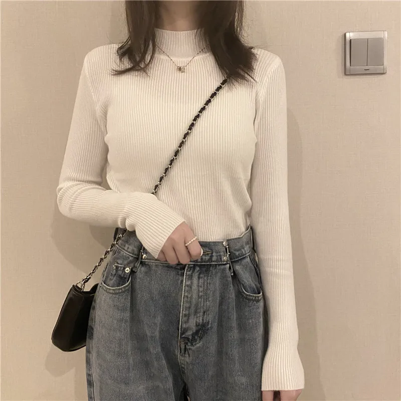 Свитер с длинным рукавом новинка 2021 пуловер облегающий Топ рубашка полувысоким