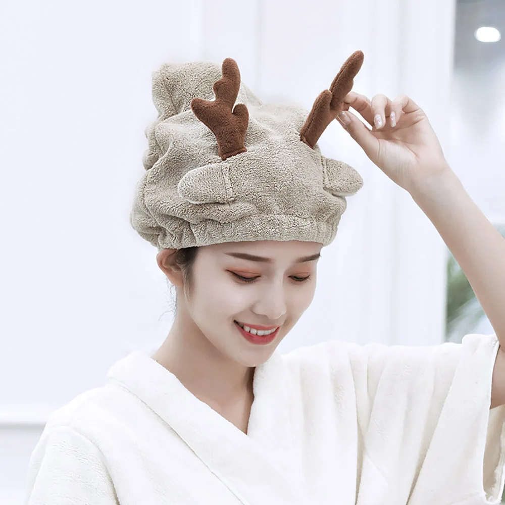 

Brown Elk Cartoom Hooded Hair Towel Bathroom Holiday Gift Microfiber Fabric Super Absorbent Comfortable Soft Turban Hair Dry Hat