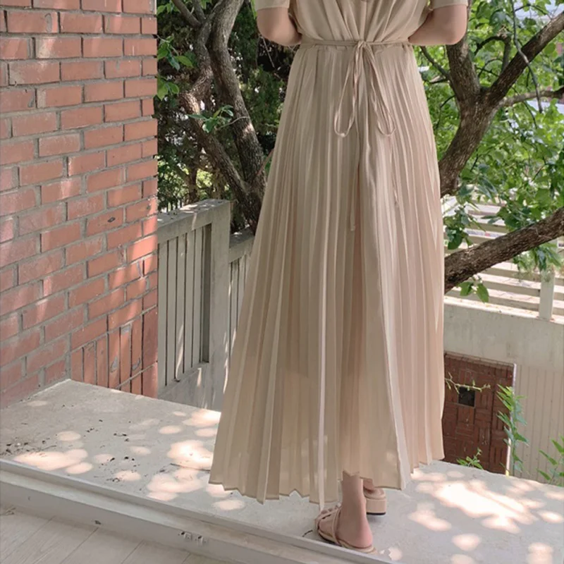 

Fashion Woman Dress Korean Style Chic Casual Short Sleeve Clothing Pleated High Waist 2021 Empire Dresses Mid-Calf Beige Sashes