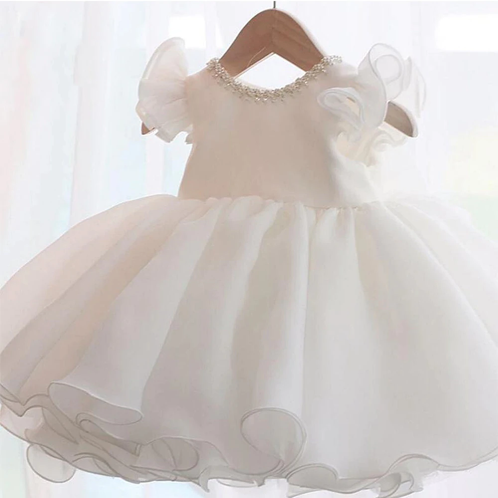 1 Years White Vestidos Tutu Ball Gown Newborn Christening Princess Birthday Party Bow Children Baby Girl Clothes Summer Dresses