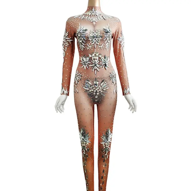 New Sparkly Crystals Jumpsuit Women Stage Costume Sexy Rhinestones Elastic Bodysuit Rompers Bar DJ Singer Party Stage Dance Wear