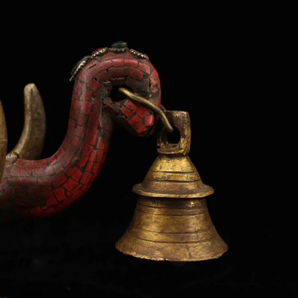 

wedding decoration Old Tibet Buddhism fane Bronze Inlay Gem Elephant Head Bell Statue Wall Hanging